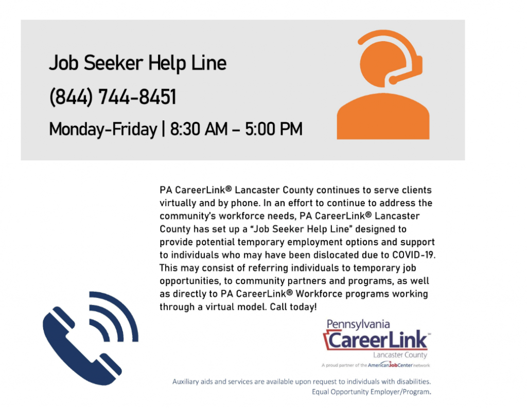 **Job Seeker Hot Line** Call 8447448451 PA CareerLink® of Lancaster